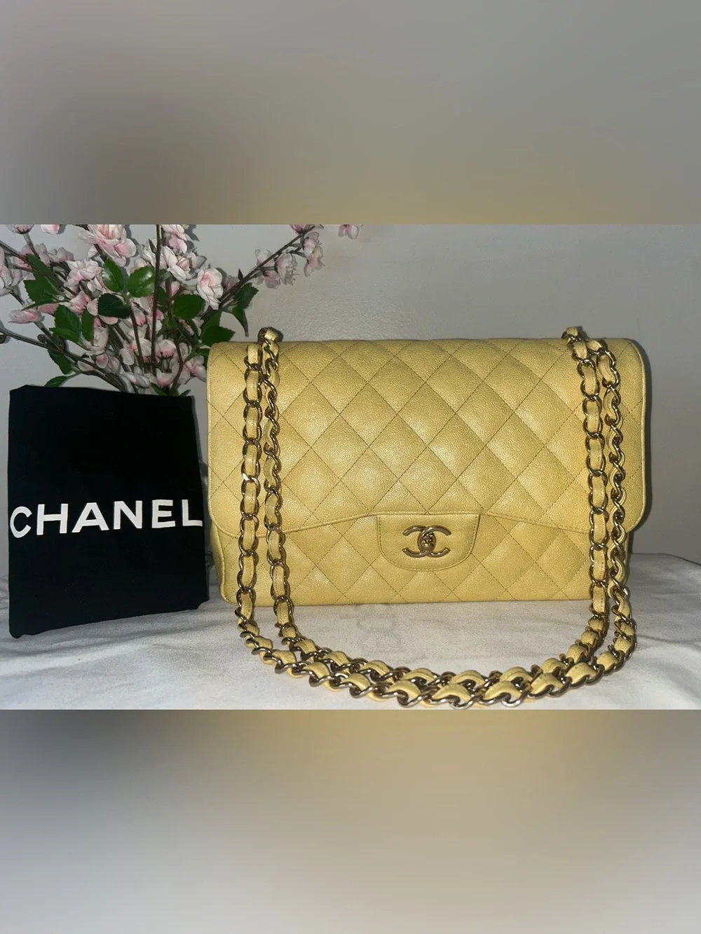 CHANEL 19S Jumbo Double Flap Quilted Caviar Handbag Iridescent Yellow / LGHW